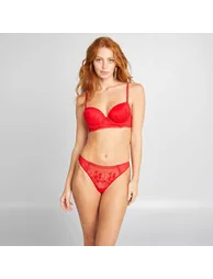 Embroidered mesh demi-cup bra RED