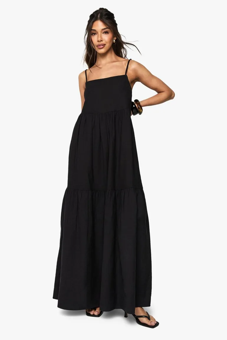 Tiered Linen Strappy Maxi Dress - black - 2