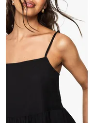 Tiered Linen Strappy Maxi Dress - black - 3