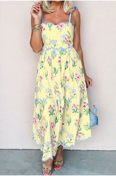 Lvness Yellow Floral Print Contrast Trim Self-tie Straps High Waist Midi Dress