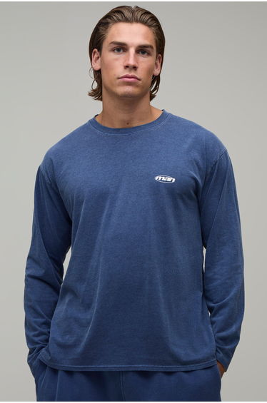 Regular Fit Overdyed Man Oval Branded Long Sleeve T-Shirt - washed blue