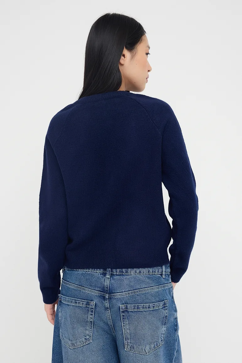 Navy Blue Crew Neck Cherry Accessory Detailed Knitwear Cardigan - 2