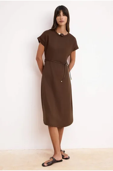 Brown A-Line/Bell-Shaped Batwing Sleeve Three-Quarter Belted Midi Interlock Knitted Dress