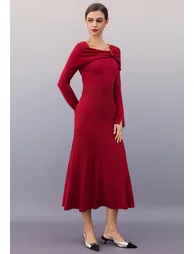 Knot Detail Cape Overlay Knit Dress in Red - 3