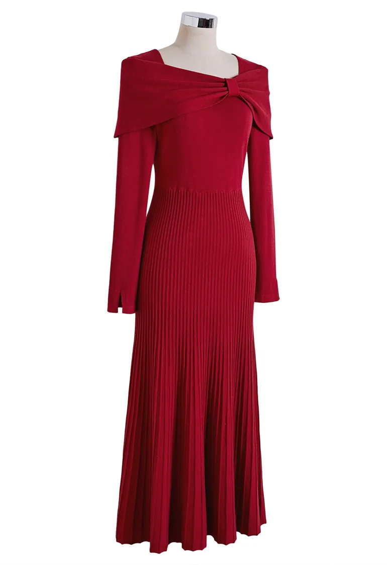 Knot Detail Cape Overlay Knit Dress in Red - 10