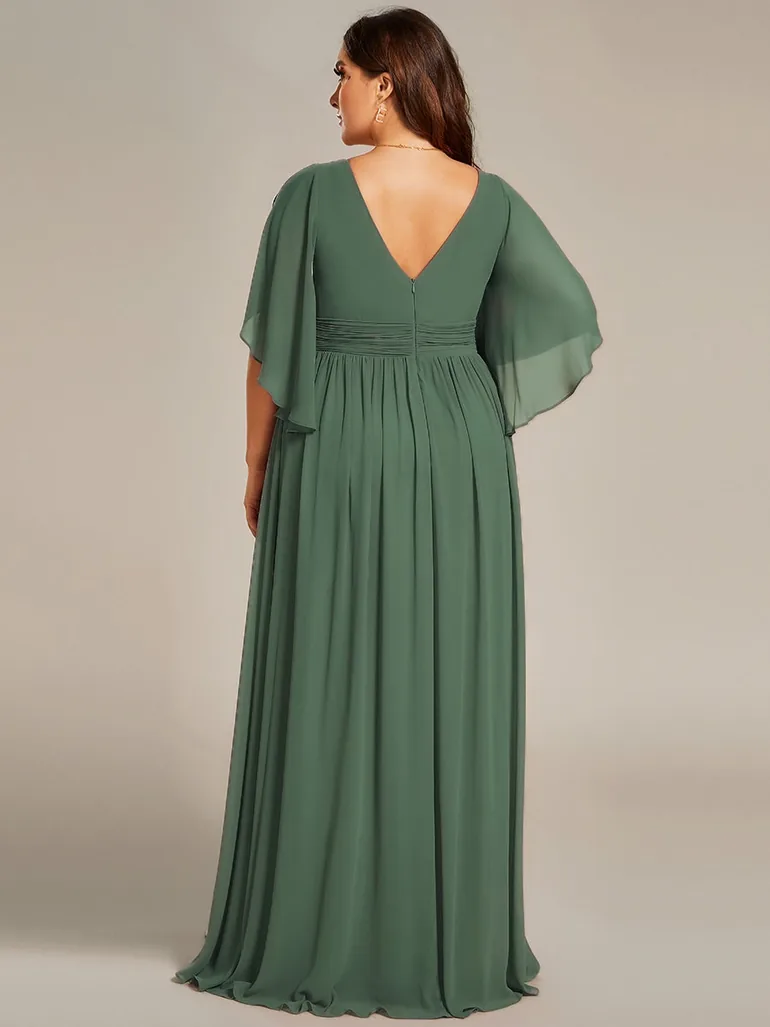 Plus V Neck Pleated Belt Chiffon Bridesmaid Dresses - 1