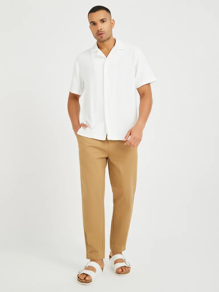 Men White Waffle Textured Resort Collar Relaxed Fit Shirt