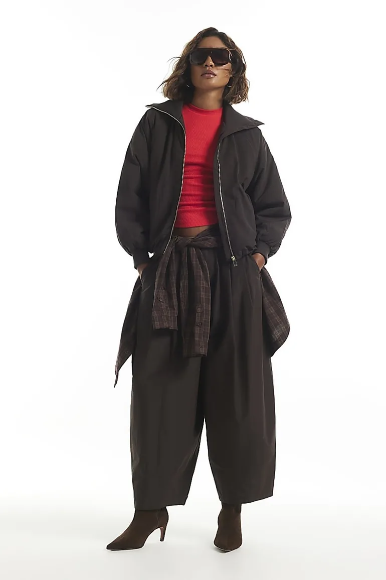 Brown Rib Detail Bubble Hem Bomber Jacket