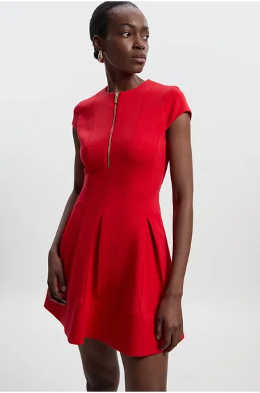 Scuba Zip Detail Pleated Short Sleeve Mini Dress