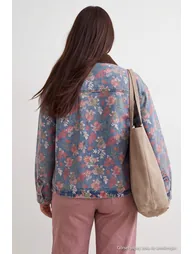 Blue Flower Pattern Denim Oversize Jacket - 3