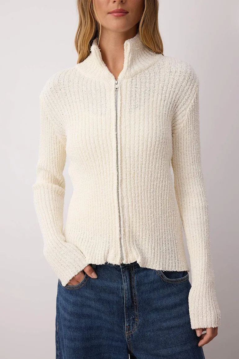 Stone Zippered Stand Collar Soft Textured Cotton Knitwear Cardigan - 2