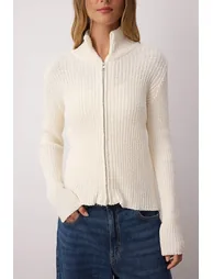Stone Zippered Stand Collar Soft Textured Cotton Knitwear Cardigan - 2