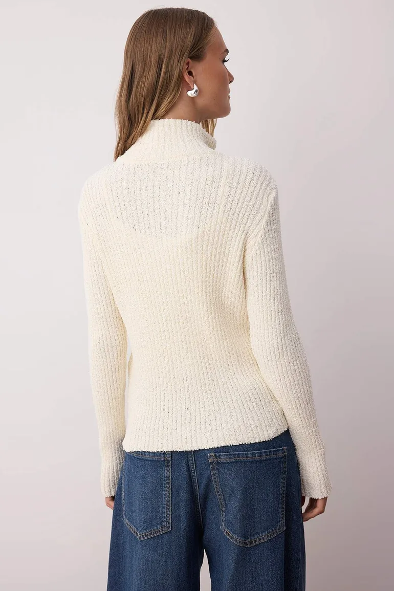 Stone Zippered Stand Collar Soft Textured Cotton Knitwear Cardigan - 3