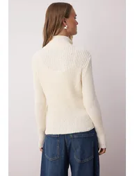 Stone Zippered Stand Collar Soft Textured Cotton Knitwear Cardigan - 3
