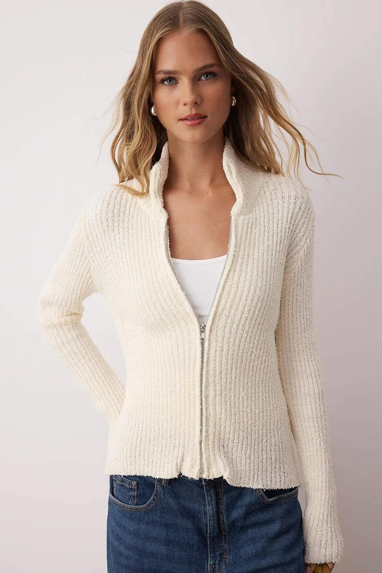 Stone Zippered Stand Collar Soft Textured Cotton Knitwear Cardigan - 1