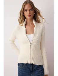 Stone Zippered Stand Collar Soft Textured Cotton Knitwear Cardigan - 1