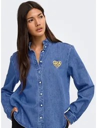 Chest Heart Denim Mandarin Collar Blouse - 4
