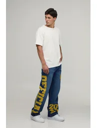 Relaxed Rigid Official Varsity Print Denim Jeans - mid blue - 1