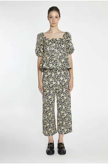 Black-Yellow Brocade Cropped Wide-Leg-Trousers