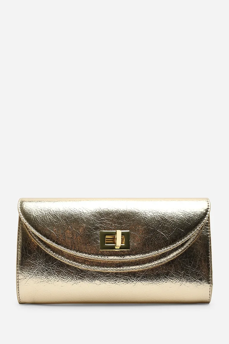 Loryxa Gold Metallic Envelope Lock Detail Clutch Bag - 5