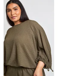 Plus Textured Ruched Sleeve Balloon Hem Top & Wide Leg Trouser - khaki - 3
