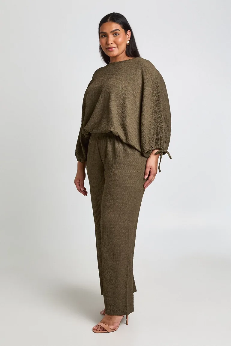 Plus Textured Ruched Sleeve Balloon Hem Top & Wide Leg Trouser - khaki - 2