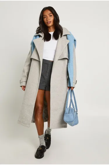 Petite Oversized Belted Wool Look Trench Coat - grey marl