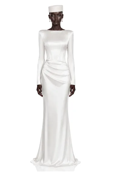 Belisent White Satin Long Sleeve Ruched Maxi Dress