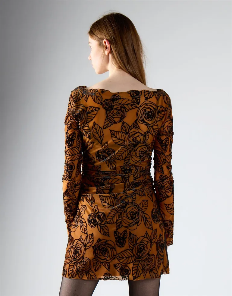 Rust Rose Mesh Long Sleeve Mini Dress - 1