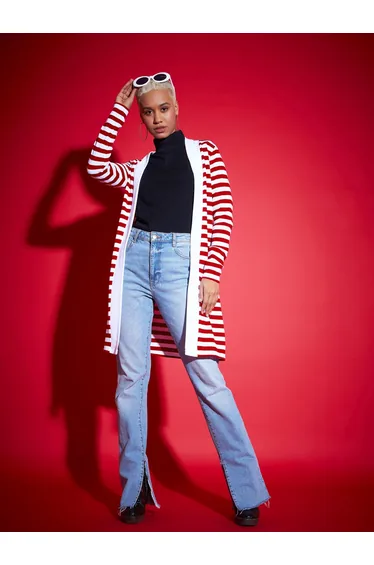 Striped Front Open Knit Shrug