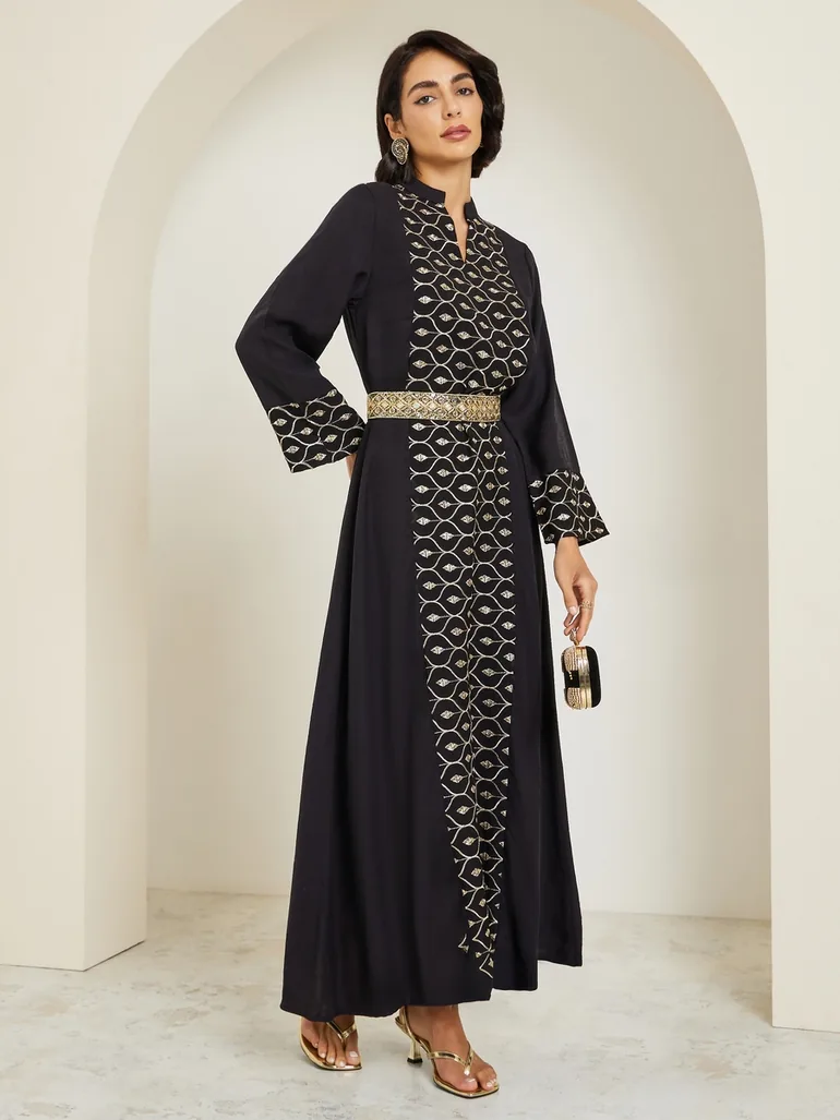 Women Black Embroidered Front Panel Belted Jalabiya