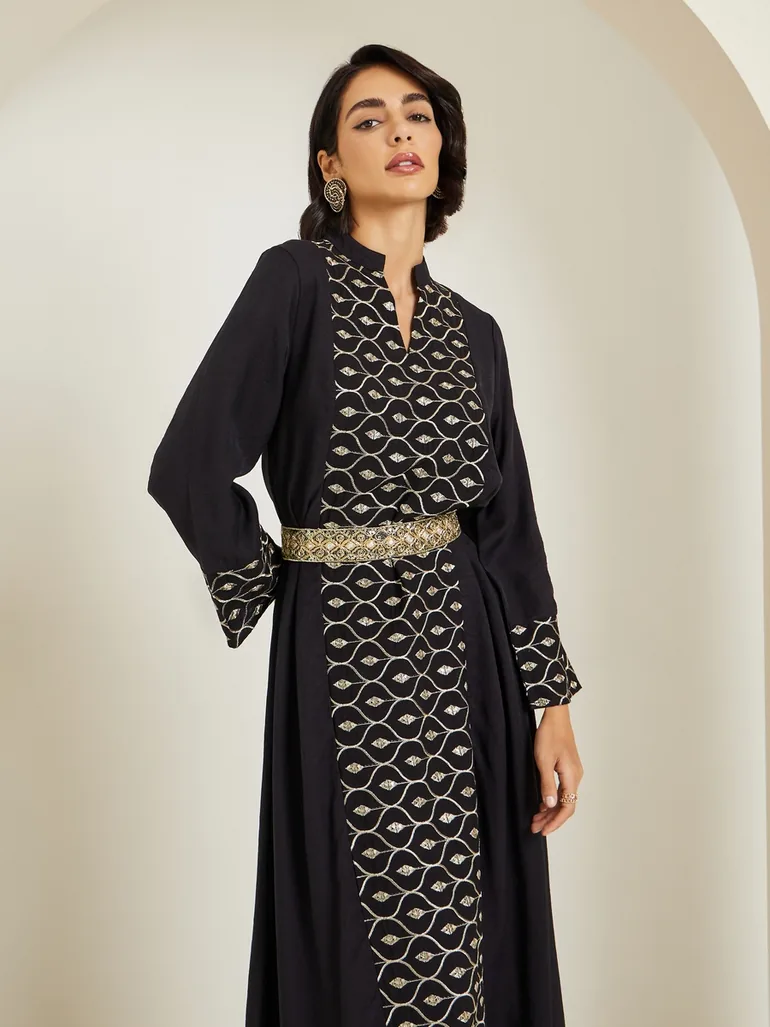 Women Black Embroidered Front Panel Belted Jalabiya - 1