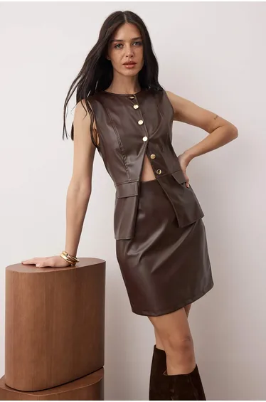 Brown plain body hugging faux leather button short / mini woven dress