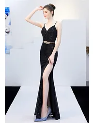 Split Side Sequined Wrap Cami Gown in Black - 3