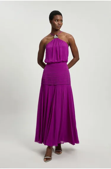 Viscose Georgette Drop Hem Woven Halter Neck Maxi Dress