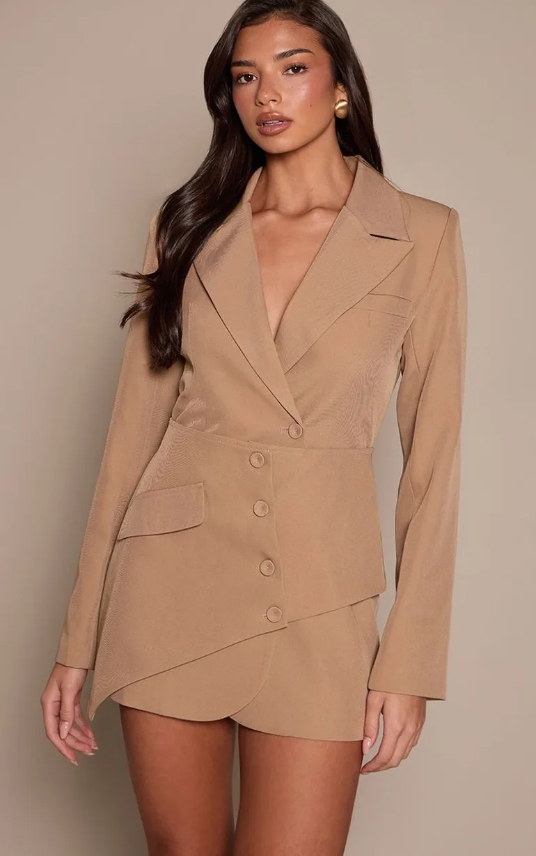 Camel Overlay Detail Blazer Dress - 1
