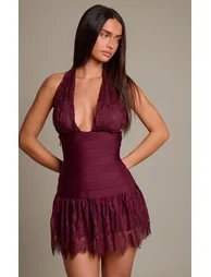 Plum Bandage Bodice Lace Cup Frill Hem Bodycon Dress - 1