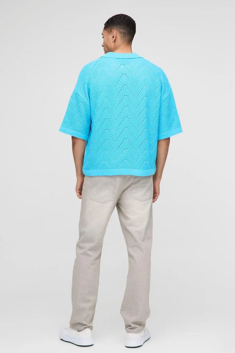 Oversized Boxy Geometric Stitch Polo - aqua - 1