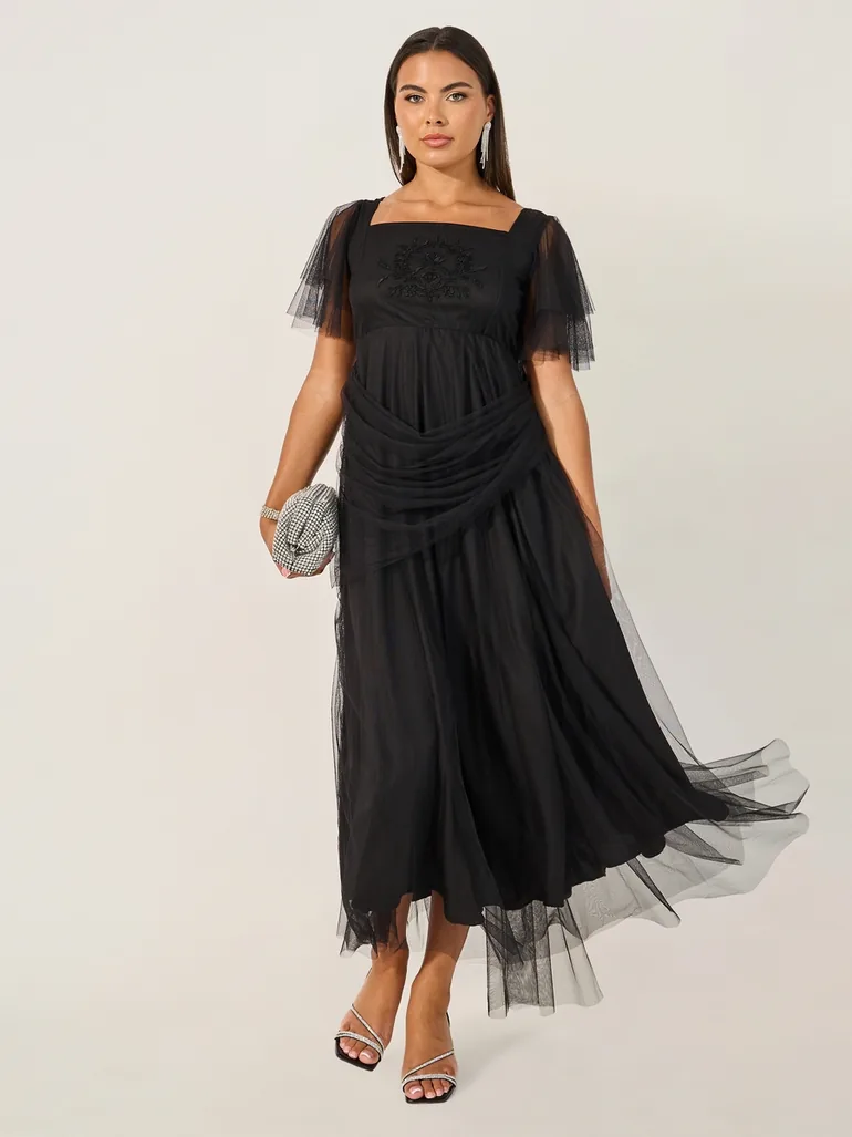 Embroidered Detail Flared Sleeves A-Line Maxi Dress