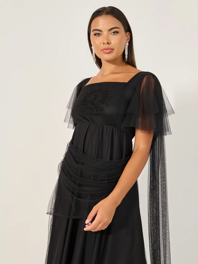 Embroidered Detail Flared Sleeves A-Line Maxi Dress - 2