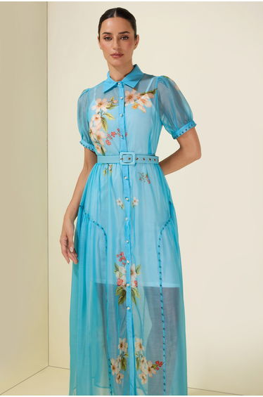 Floral Rhinestone Rivets Midi Dress With Belt product thumbnail 3