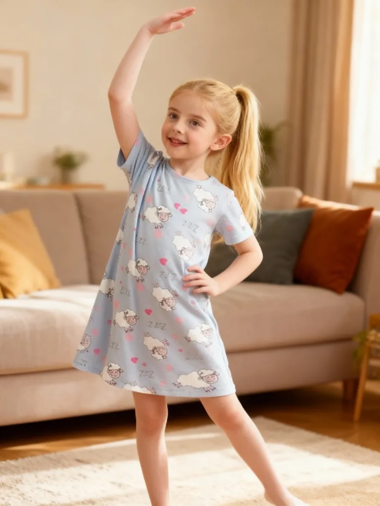 Girls Blue Sheep Print Short Sleeve Nightdress - 1