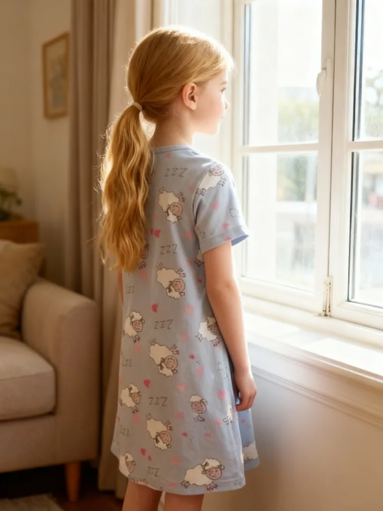 Girls Blue Sheep Print Short Sleeve Nightdress - 4