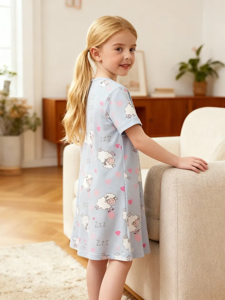 Girls Blue Sheep Print Short Sleeve Nightdress - 2