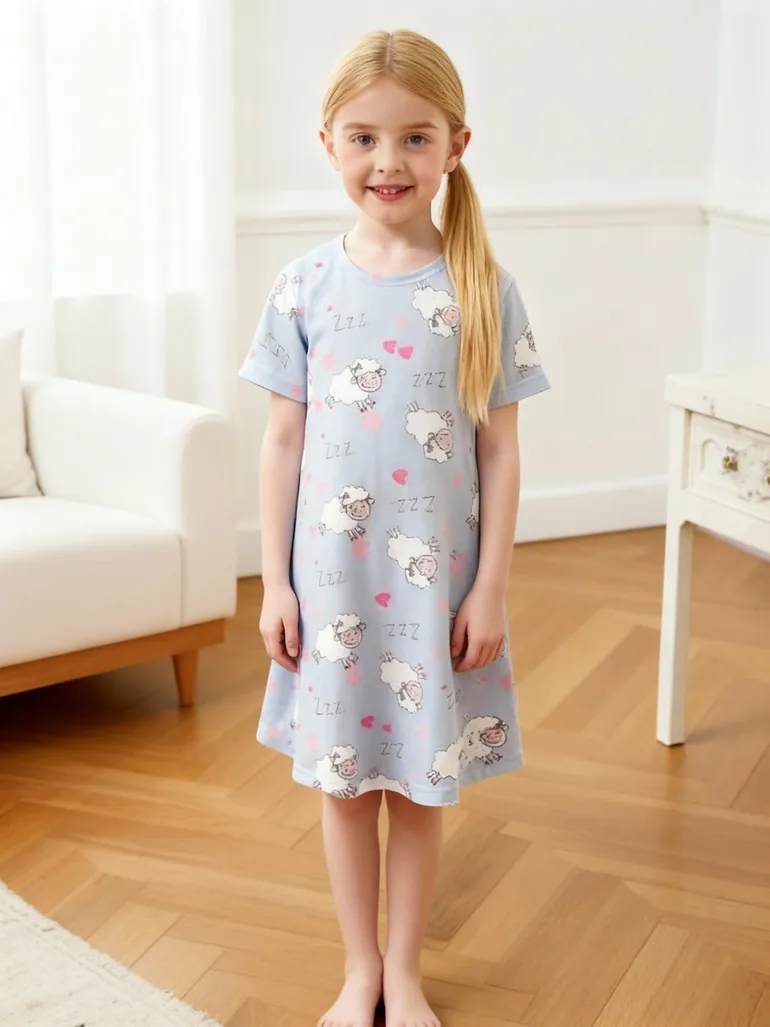 Girls Blue Sheep Print Short Sleeve Nightdress