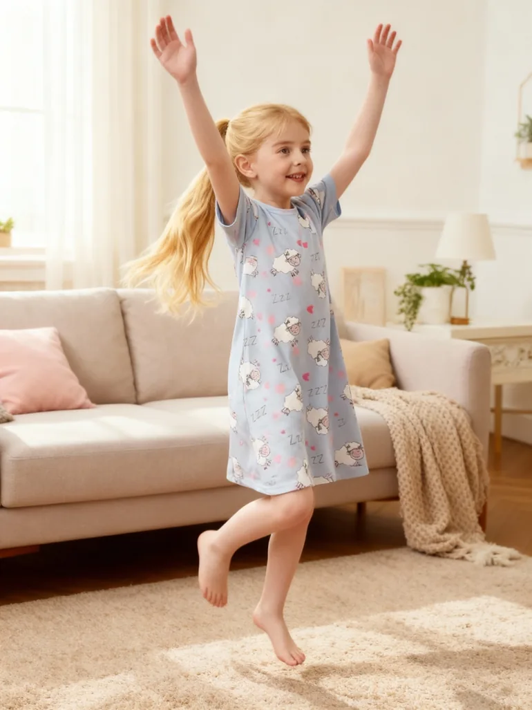Girls Blue Sheep Print Short Sleeve Nightdress - 5