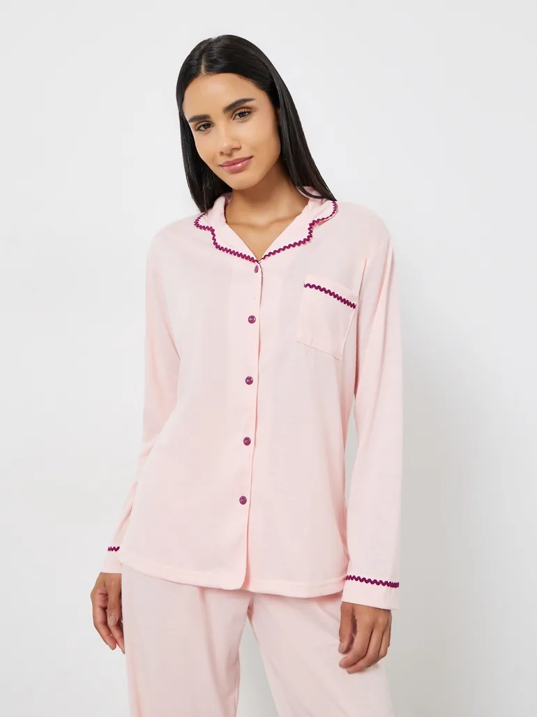 Rick Rack Trim Long Sleeve Shirt and Pyjama Set - 2