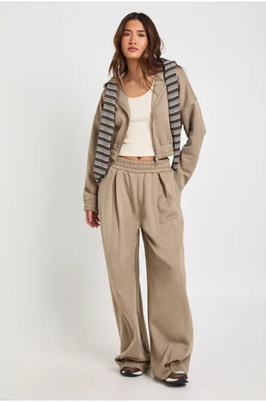 Cropped Double Zip Cinched Waist Hoodie - washed khaki