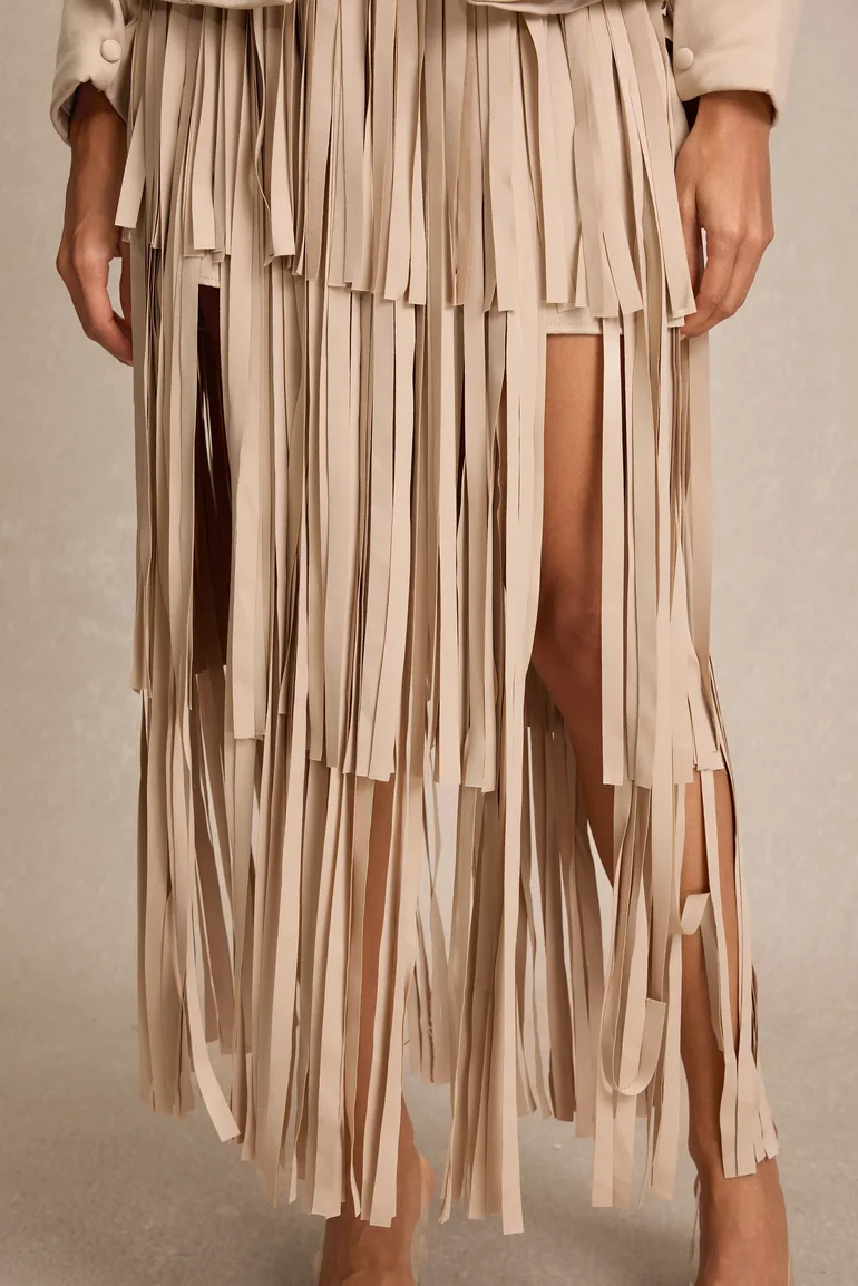 Flapped Blazer & Tassel High Waist Midi Skirt Set - 7
