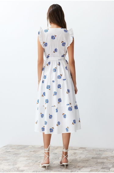 White Belted Floral Pattern A-Line Double Breasted Neck Midi Woven Midi Dress product thumbnail 4